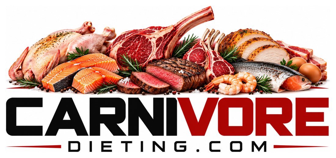 Steaks, lamb, poultry, salmon, shrimp and eggs arranged above the CarnivoreDieting.com wordmark